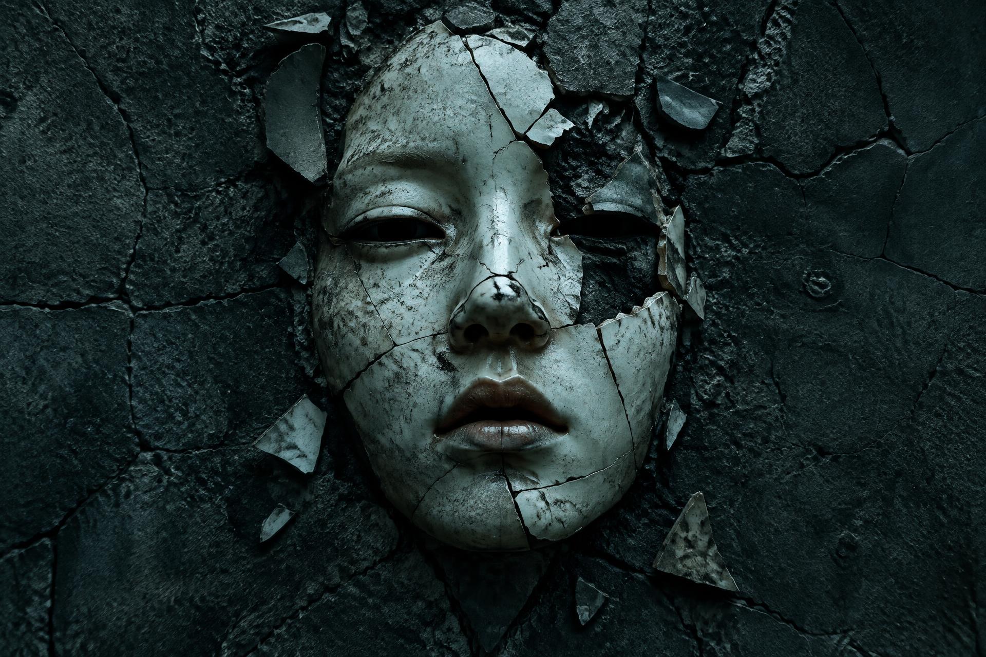 A cracked porcelain mask embedded in a fractured dark wall