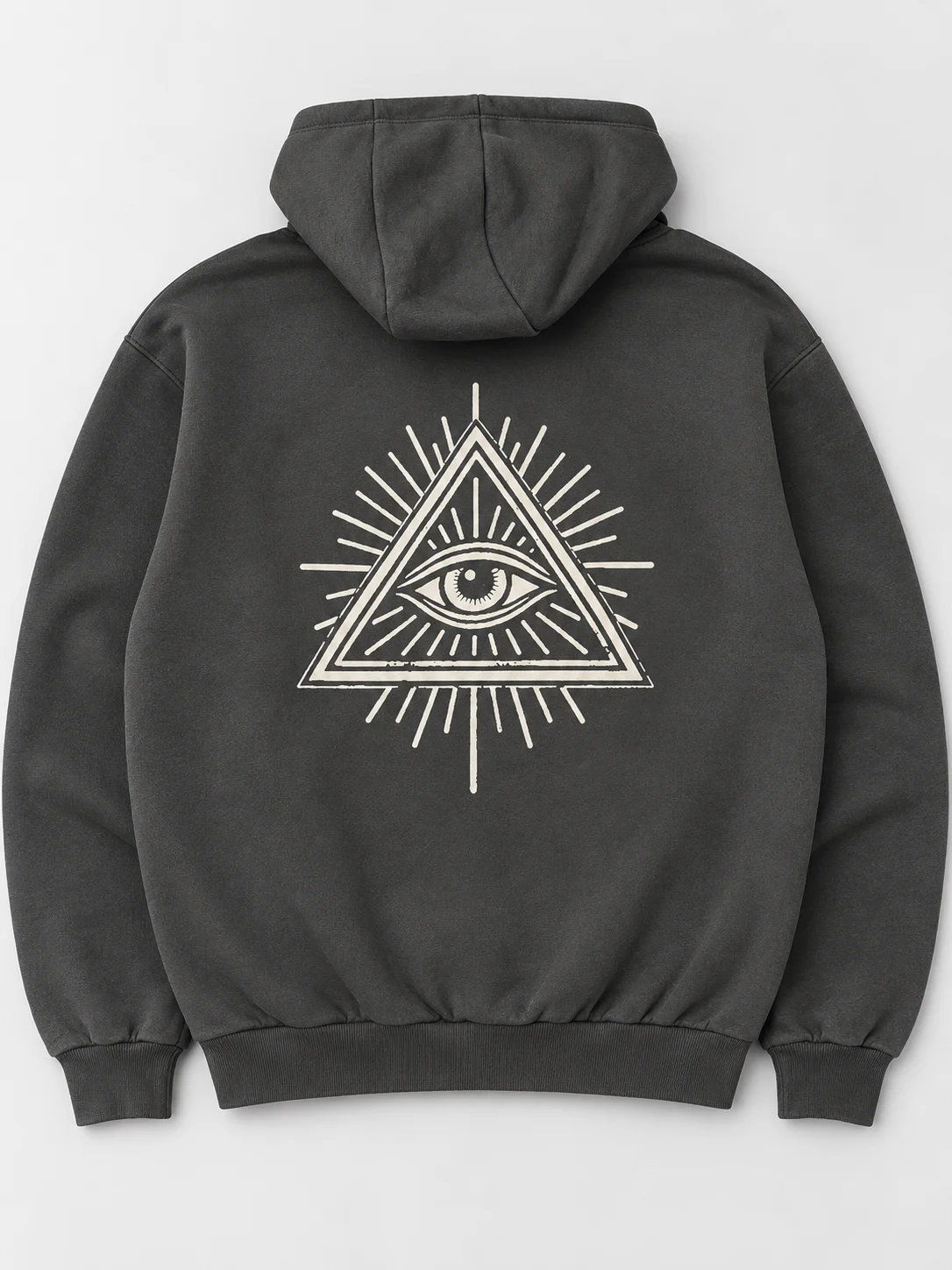 Back of the charcoal hoodie with the cream triangular eye graphic and radiating lines